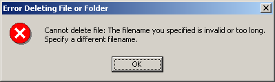 Cannot delete file: The filename you specified is invalid or too long. Specify a different filename.